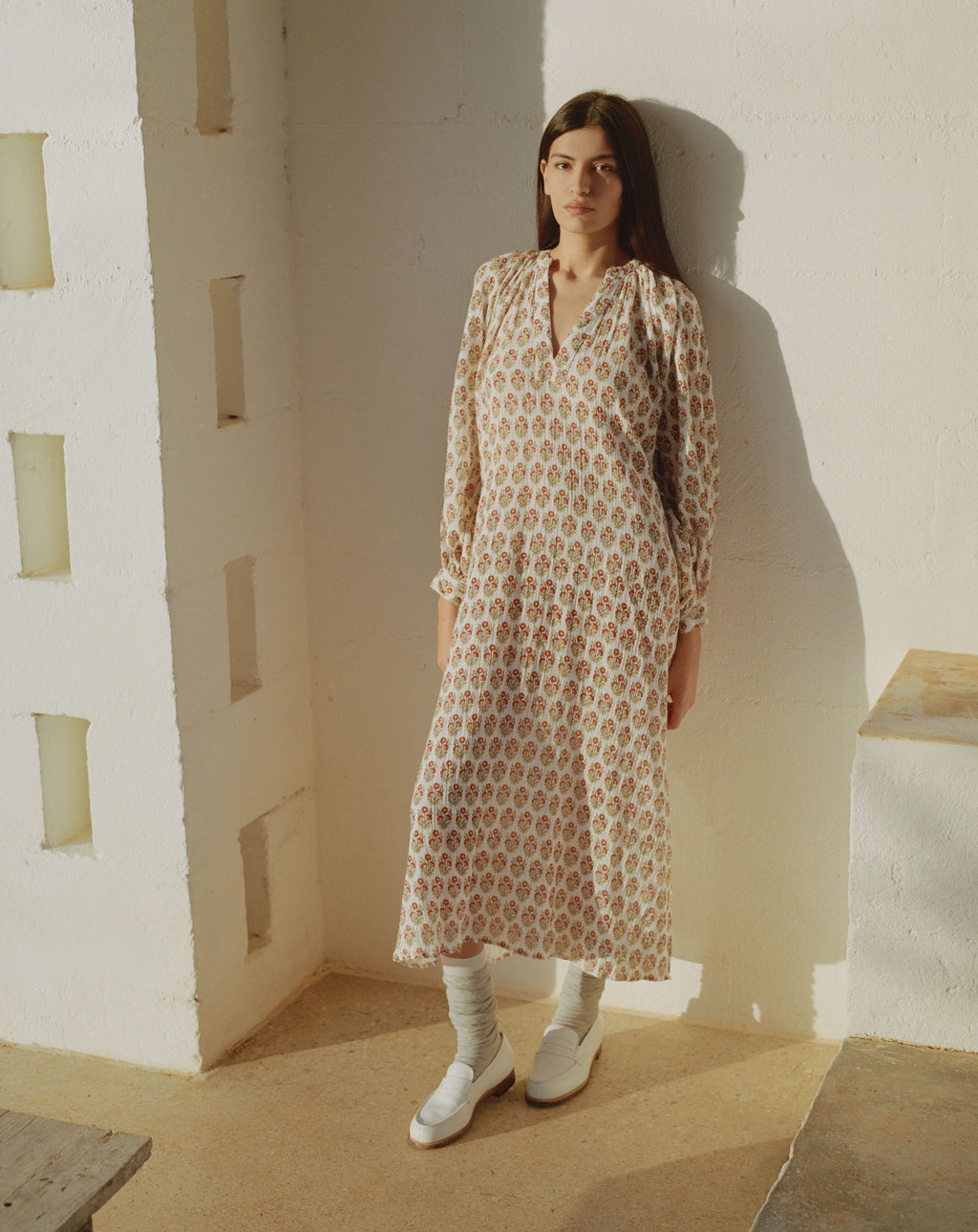 Jhula Long-Sleeve Blockprint Maxi Dress